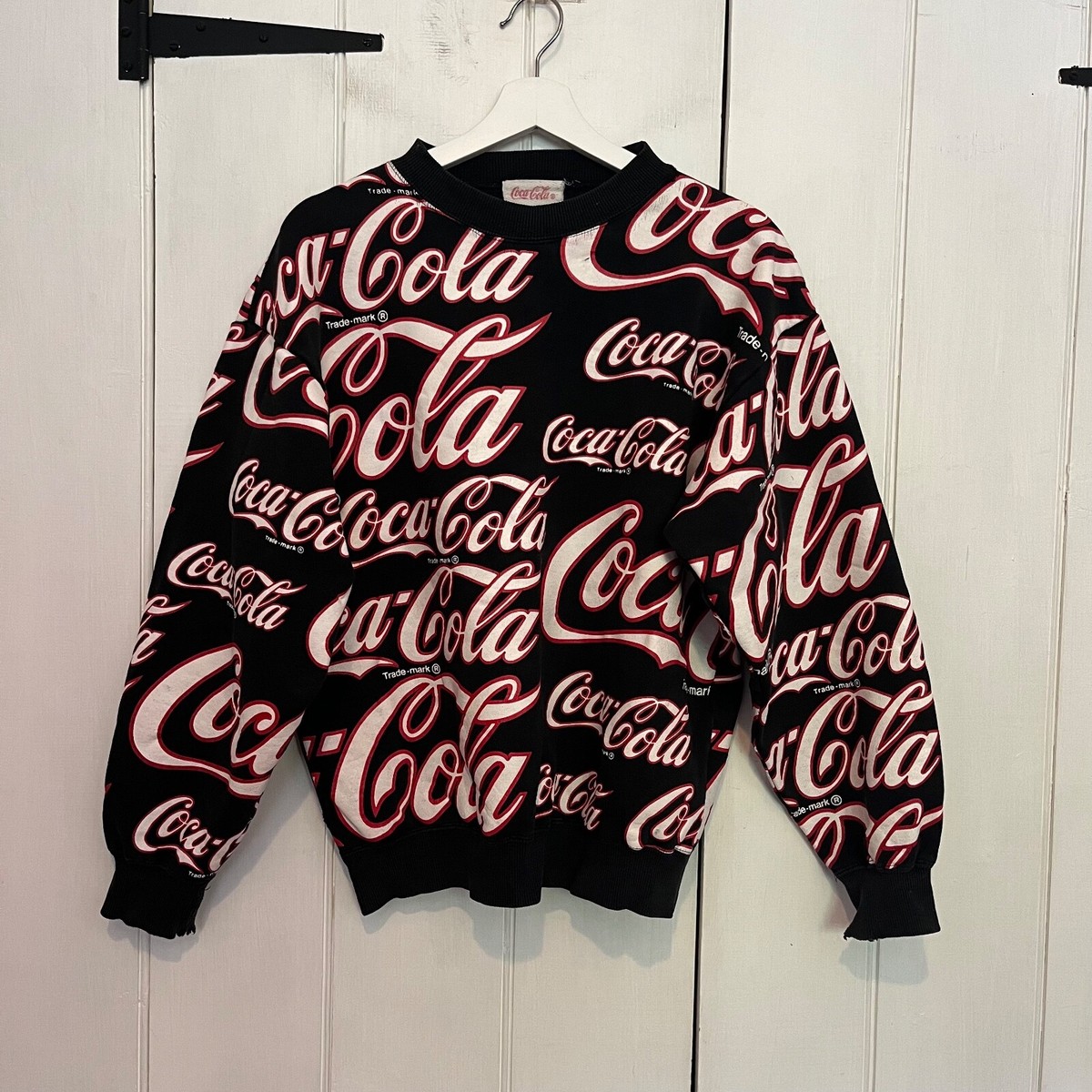 Coca Cola Sweater Vintage logo print jumper black red white distressed eBay
