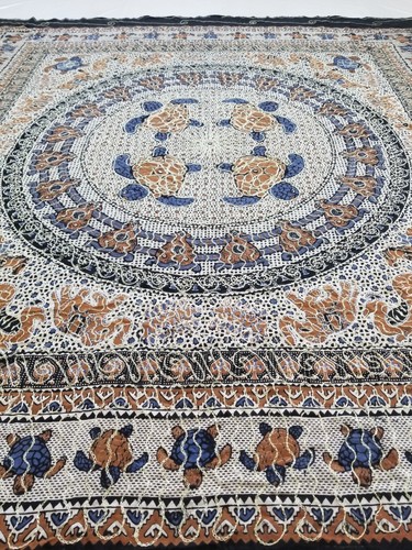 Vintage Indian Traditional Block Printed Embroidered Bed Spread 241x210cm - Picture 15 of 18