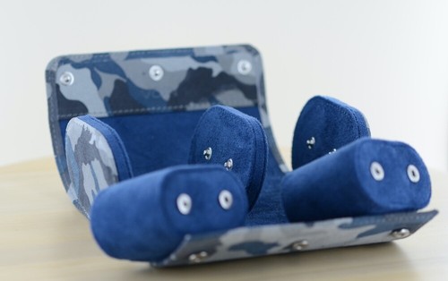 Uhrenbox Reisebox Uhrenrolle für 2 Uhren Camouflage Grau / Blau Velour geknöpft - Bild 4 von 4