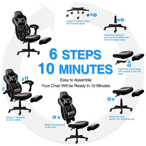 ELECWISH Gaming Chair Gray Computer Office Swivel Recliner Chair with Footrest - Picture 14 of 14