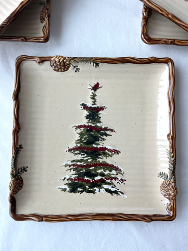St Nicholas Square Snow Valley Salad Plates 2-Pine Trees 2-ReinDeer 2-Cardinal - Picture 4 of 10
