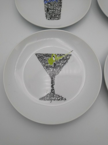 CRATE & BARREL Set 4 - 6 3/4" Appetizer Plates Black & White Shaken not Stirred - Picture 2 of 10