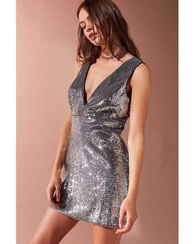 BARDOT Plunging Silver Sequin Mini Dress Free People Exclusive 4 XS MSRP $159.00 - Foto 2 di 6