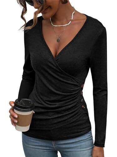 Women's Long Sleeve Deep V Neck Tops Wrap Ruched Slim Fit Shirts Large Black - Picture 2 of 6