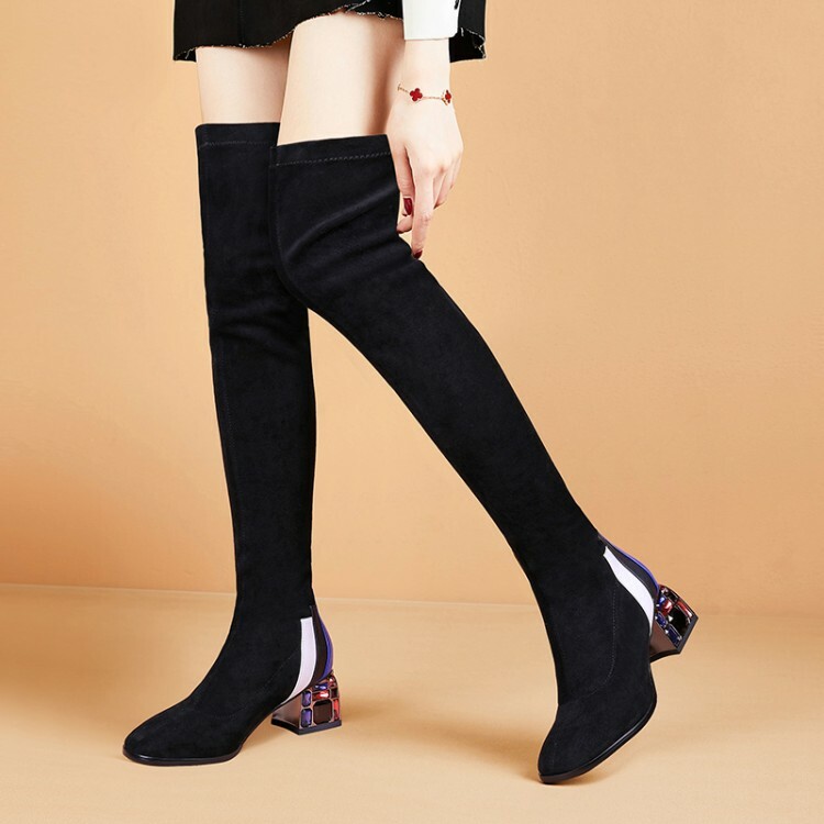 Farbblock Damen Stretch-Stiefel Overknee Strass 34 43 Mittelhoher Absatz Neu Farbblock Damen Stretch-Stiefel Overknee Strass 34 43 Mittelhoher Absatz Neu