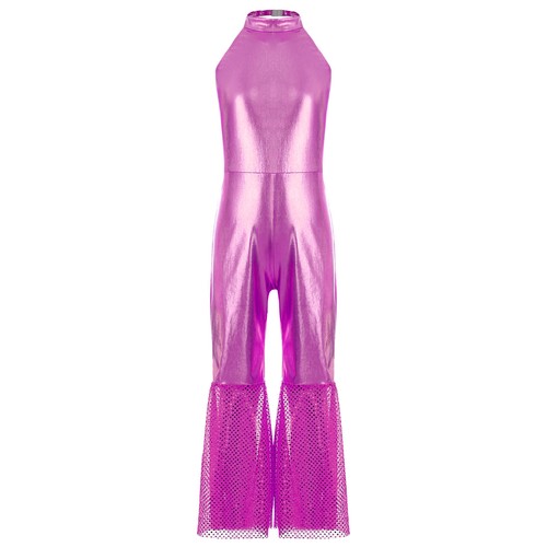 AU Kids Girls Shiny Long Jumpsuit Sleeveless Bell Flared Unitard Disco Dancewear - Picture 43 of 76