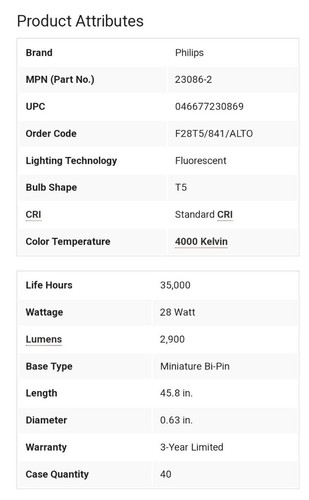 F28T5/841/ALTO (23086-2) - Watts: 28W, Type: T5 Fluorescent Tube Color- 15 Pack - Picture 4 of 6