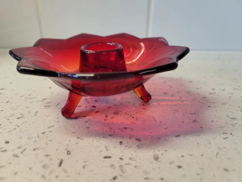 fenton amberina ruby red lotus glass 3 footed candlestick holder