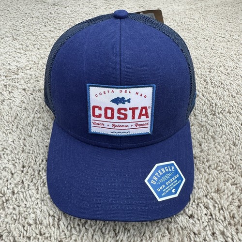 Costa Del Mar Hat Topwater Navy Snapback White Square Patch Logo Mesh Back Cap - Picture 3 of 8
