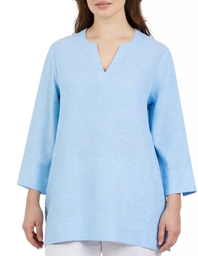 Lands' End Woman’s 3/4 Sleeves Split  Neck Tunic Linen Top,  Blue S - Bild 1 von 5