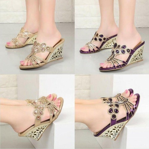 Sandalias de vestir para mujer con estrás para boda cuña tacón alto pantuflas zapatos moda - Imagen 8 de 14