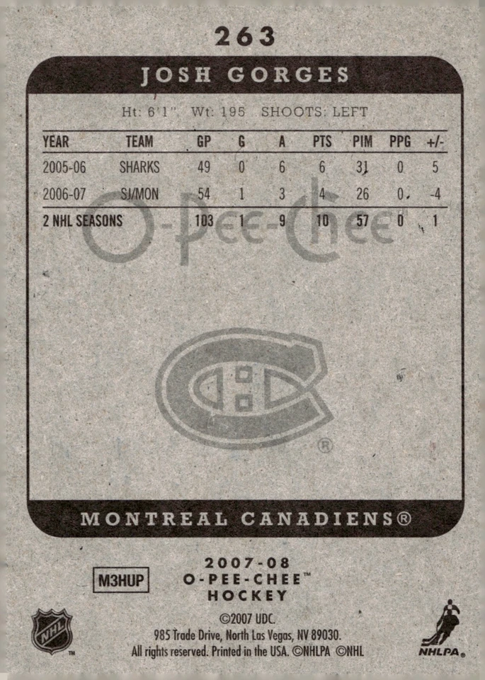 Josh Gorges - Signed 2007-08 O-Pee-Chee Card #263 - Image 2 of 2