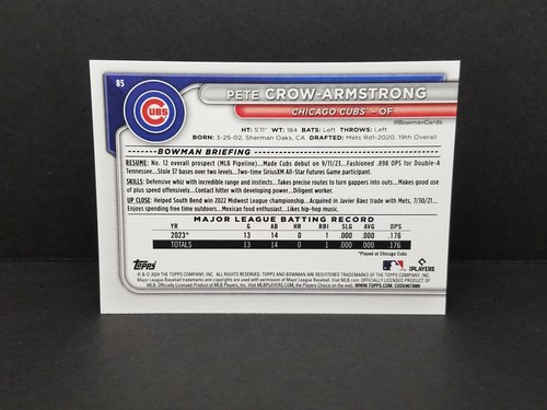 2024 Topps Bowman #85 Pete Crow-Armstrong, Chicago Cubs (RC) - Base Rookie Card - Picture 2 of 2