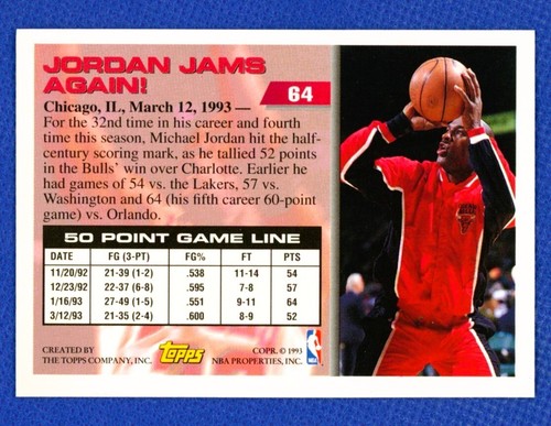 Michael Jordan 1993-94 Topps #64 Chicago Bulls 50 Point Club - Picture 2 of 2