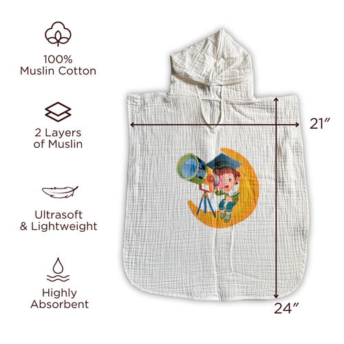 MUSLIN HOODED PONCHO TOWEL 3-5Y WHITE LIGHTWEIGHT ULTRA SOFT %100 COTTON 2-Layer - Picture 2 of 6
