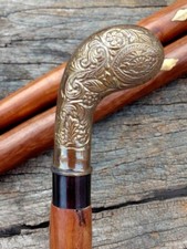 Vintage Brass Embossed Head Handle Wooden Walking Stick Cane Antique Designer