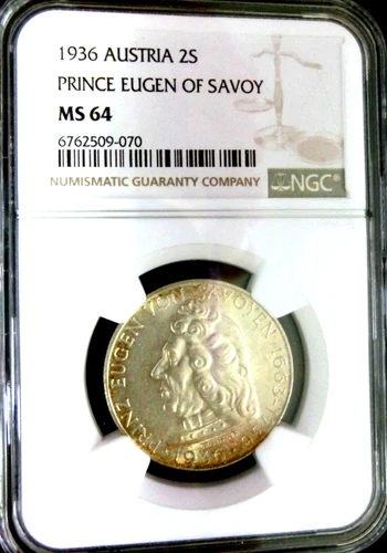 NGC MS64-Austria 1936 Prince Eugen of Savoy Silver 2S Choice BU-No US Send