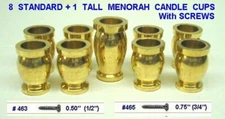 MENORAH CANDLE CUPS {8 Standard + 1 Tall} Brass, with SCREWS
