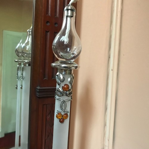 Oil Lamp Sterling Silver Amber mounted frosted glass tall Art Nouveau light old - Picture 6 of 23