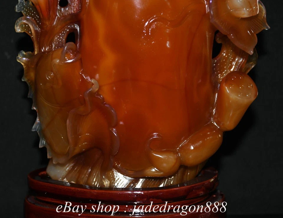 Jarrón lápiz maceta cepillo de flores de loto pez talla ágata roja marca china de 8,4" Foto 3 de 4