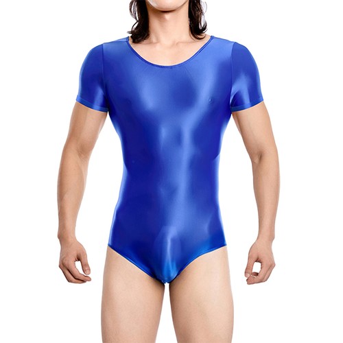 Mens Glossy Sheer Bodysuit Short Sleeve Bulge Crotch Thongs Jumpsuit Leotard Top - Picture 23 of 72