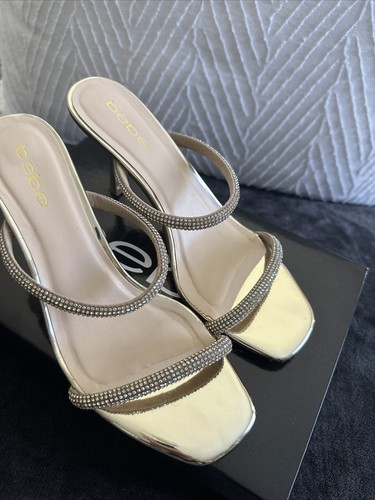 BEBE Gold Metallic Strappy Sandal Heels Rinestone Wmns 8.5 Strappy Camilah - Picture 2 of 8