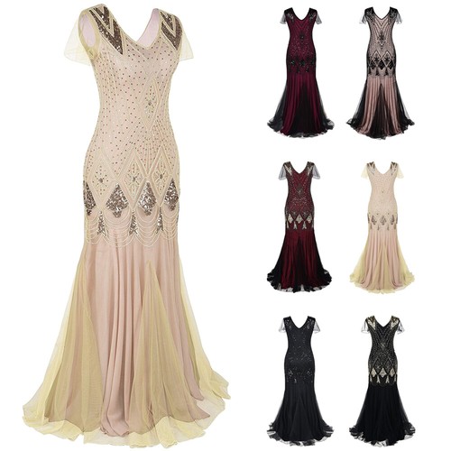 1920s Flapper Long Dress Wedding Party Formal Evening Cocktail Floor Length Gown - Picture 2 of 78