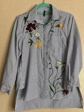 San Joy Women’s Stripe Long Sleeve Button  Floral Embroidery High Low Hem Shirt