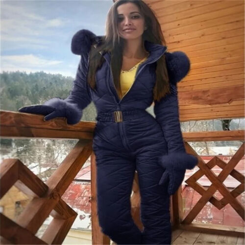 Women's Snowsuit One Piece Ski Suit Jumpsuits Fur Collar With Hood Ski Jackets - Picture 11 of 15