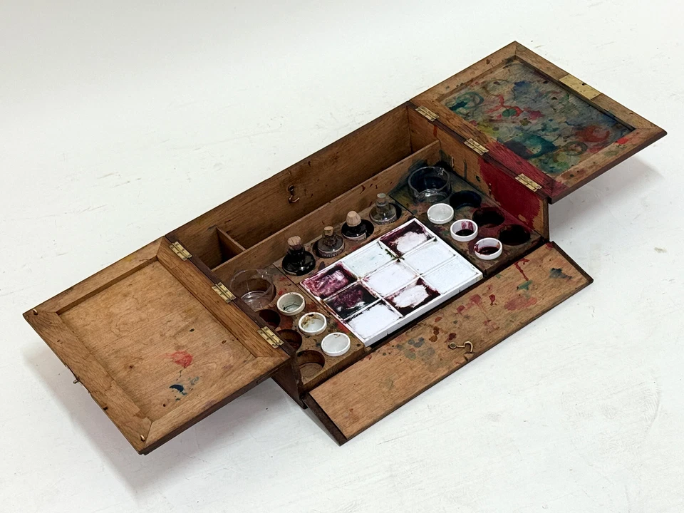 Ancien Coffret en Bois avec Teintures & Nombreux Accessoires - Bourgeois Aîné - Photo 2/4