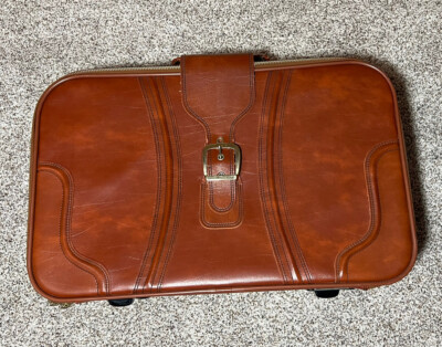 Sears Vintage Brown Leather Travel Luggage Carry On Suitcase