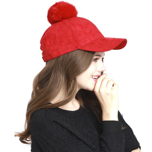 Gorra de béisbol de cuero gamuza sintética para mujer con pompón de piel real - Imagen 8 de 32