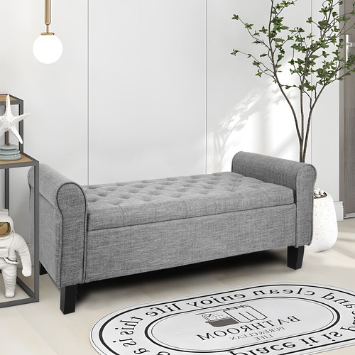 51" Storage Bench with Upholstered Ottoman Linen End of Bed Couch Light Gray - Picture 11 of 12