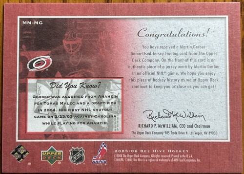 2005-06 Beehive Matted Materials Martin Gerber #MM-MG Carolina Hurricanes - Picture 2 of 2