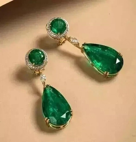 Pendientes colgantes/gotas de esmeralda natural corte pera de 3,50 quilates enchapados en oro amarillo de 14 quilates - Imagen 7 de 9