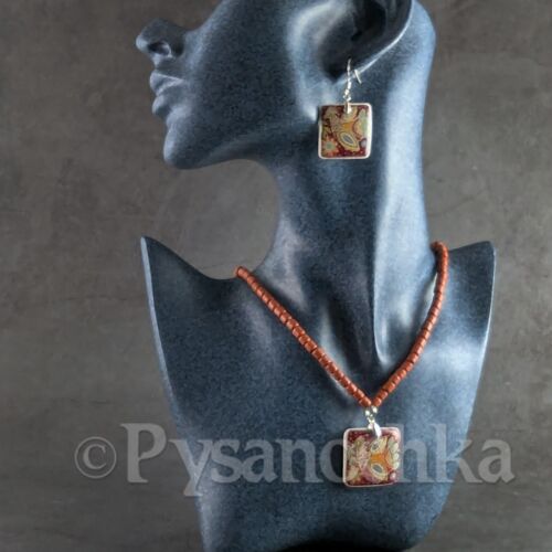 CONJUNTO Pendientes y Colgantes Artesanales Estilo Pysanka en Cáscara de Huevo Tradicional UA - Imagen 2 de 9