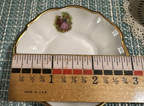 3 PC LIMOGES CASTEL FRANCE MINIATURE FAN DISH; CUP; SAUCER VINT COURTING COUPLE - Picture 5 of 8