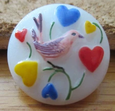 1-Czech Glass Multicolored Bird and Hearts on a White Button #42 .825" = 21.12mm