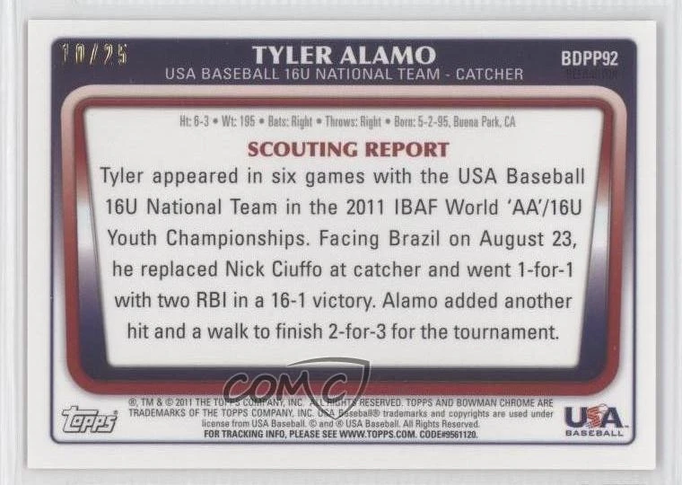 2011 Bowman Draft Chrome Prospects Orange Refractor /25 Tyler Alamo #BDPP92 - Image 2 of 2
