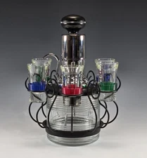 Park Sherman Glass Chrome Liquor Dispenser with Shot Glasses Holder Vintage MCM 