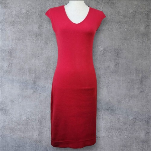Vintage 90er Express rotes Strickkleid Damen Gr. 4 Flügelärmel V-Ausschnitt minimalistisch Büro - Bild 1 von 6