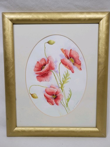 Watercolour Painting Poppies Signed By The Artist Framed 29.7x24.5cm Rare Prop - Picture 11 of 13