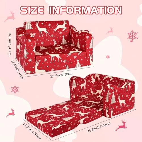 Sofá para niños sofá para niños pequeños Navidad reno 2 en 1 plegable sofá para niños rojo Foto 3 de 4