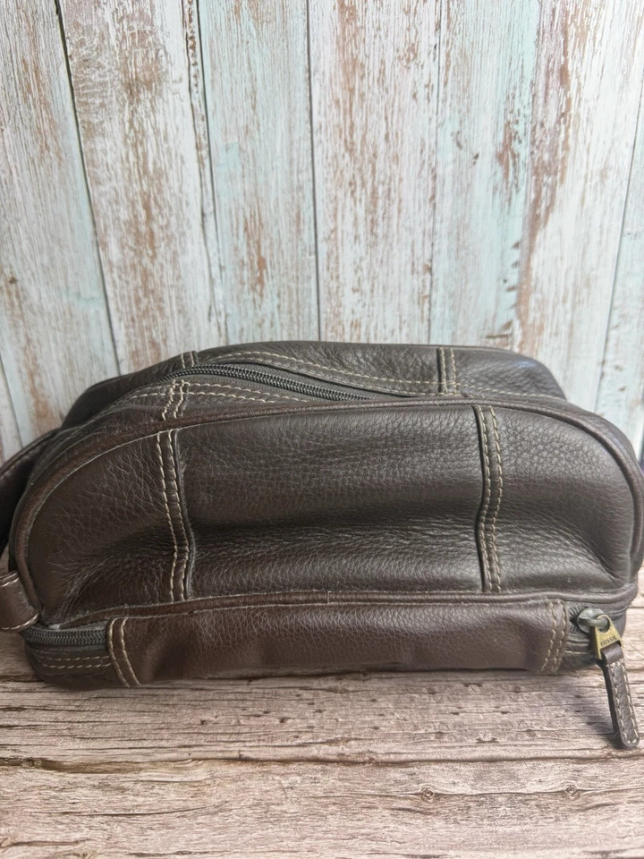 Vintage Men Fossil Brown Leather Shaving Toilet Toiletry Travel Bag Zip Case - image 4 of 4