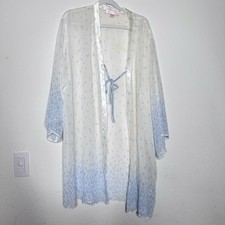 Oscar de la Renta Pink Label White Blue Floral Sheer Pleated Peignoir Robe L