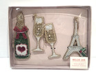 Bella Lux Champagne Bottle Glasses Eifel Tower Christmas Beaded Ornaments