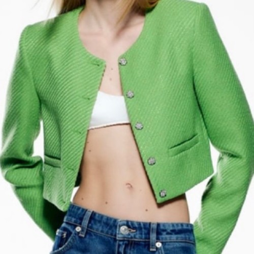 Zara Green Apple Textured Crop Jeweled Button Jacket Size Medium - Bild 2 von 9