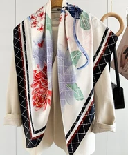 43" 100% Silk Plain satin Scarf Bandanna Square Shawl Large Wrap Flower Print