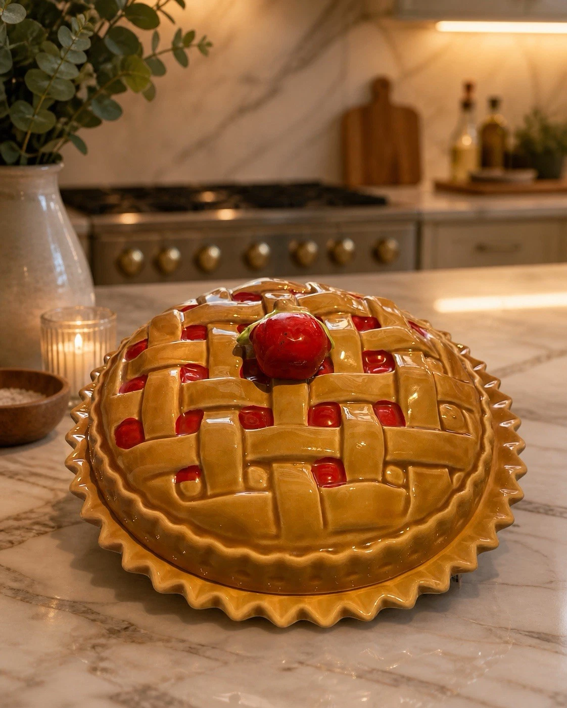 Ceramic Pie Keeper Dish w/ Lid Lattice Top Apple Design Kitchen Storage Bakeware
