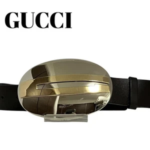 Ceinture à boucle GUCCI G noir argent homme femme du Japon i10979